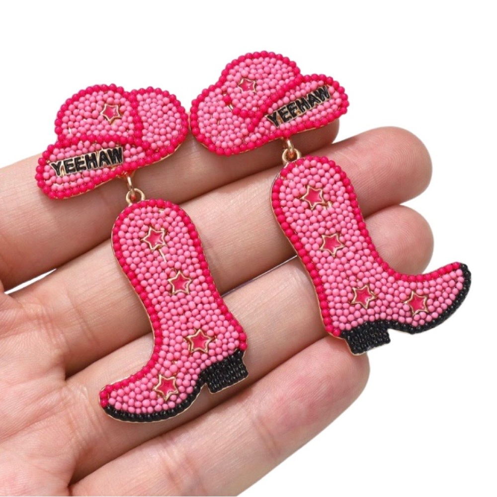 Hot Pink "YEEHAW" Beaded & Star Studded Cowgirl Boot Earrings - Picture 2 of 3